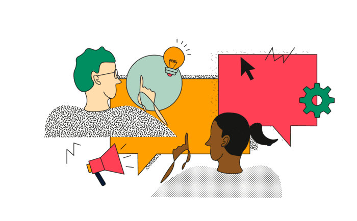 TharGo illustration abstraite montrant un homme et une femme qui réfléchissent