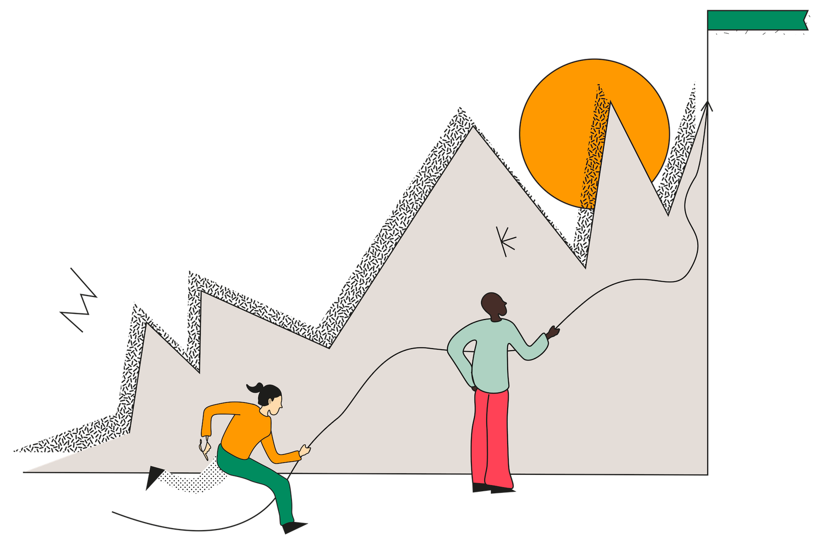illustration de personnes au pied d'une montagne