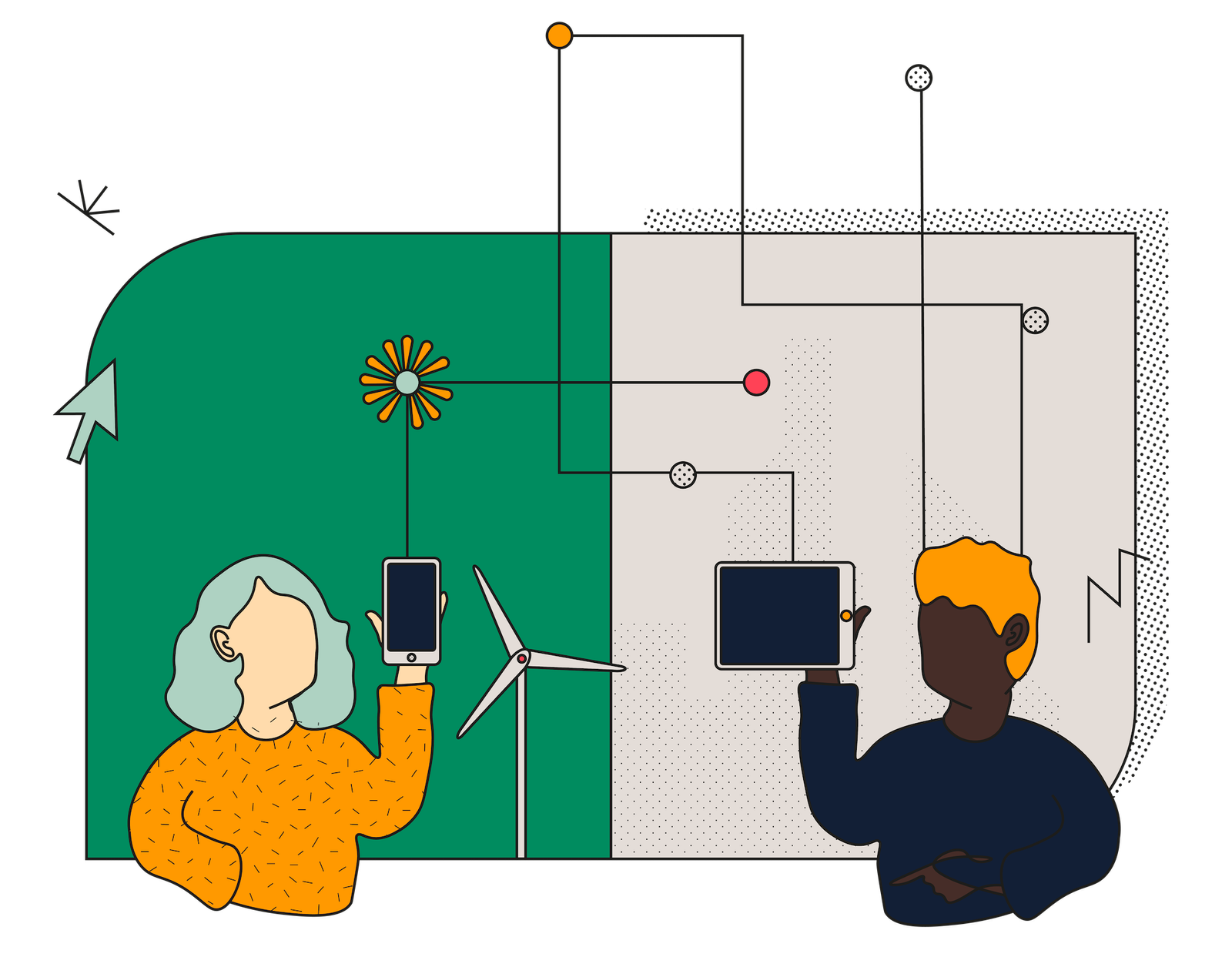 illustration représentant une femme utilisant un téléphone et un homme utilisant une tablette, les outils sont relier par des lignes représentant la mise en réseau